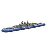 Model of a warship with 'Bismarck' on a white background, featuring branding for Warlord Games.
