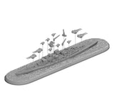 Model of a battleship with detached parts on a white background, featuring 'Victory at Sea' branding.